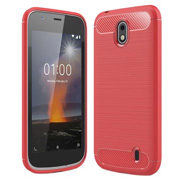 Nokia 1 Geborsteld Tpu Case Koolstofvezel Rood huismerk kopen in de aanbieding