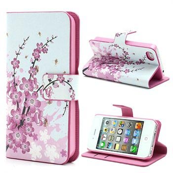 Iphone 4 4S Wallet Leren Hoesje Roze Bloemen huismerk kopen in de aanbieding