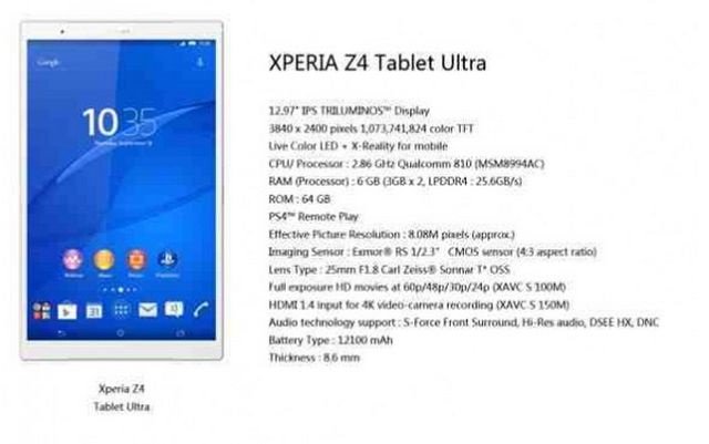 sony xperia z4 tablet ultra specs