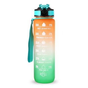 1L Sport Waterfles met Tijdmarkering Waterkan Lekvrije Drink Waterkoker voor Kantoor School Kamperen (BPA Vrij) - Oranje/Groen