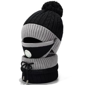 3-Delige Winter Windproof Knit Beanie muts, Gezichtsmasker en Nekwarmer - Zwart / Grijs
