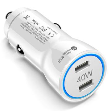 40W Dubbele USB-C PD Snelle Autolader met LED Lichtring - Wit