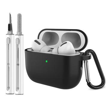 AirPods Pro 3 siliconen hoesje met karabijnhaak en reinigingspen - zwart