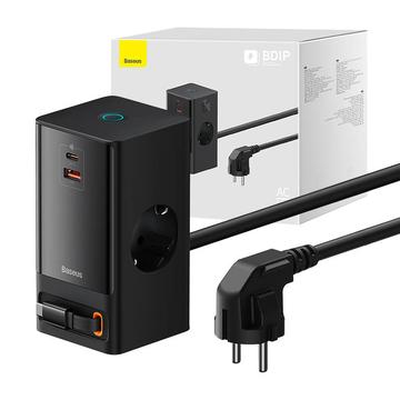 Baseus PowerCombo Digitale Power Strip 65W met Intrekbare USB-C Kabel - 2xAC, USB-C, USB-A - Zwart