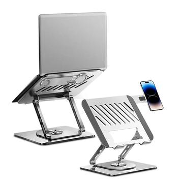 Koolstofstalen Dual-Arm Roterende Laptopstandaard met Magnetische Telefoonhouder - Zilver