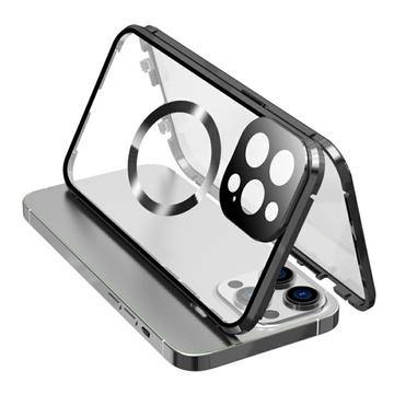 Dubbelzijdige beschermhoes van gehard glas + magnetisch metalen frame tegen vallen voor iPhone 15 Compatibel met MagSafe telefoonhoes met gespvergrendeling