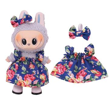 Bloemen Feestjurk & Strikje Hoofdband voor Labubu Minifiguur 17cm - Donkerblauw