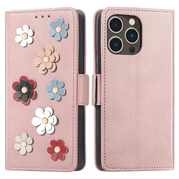 Flower Decor Series iPhone 14 Pro Portemonnee Hoesje - Rosé goud