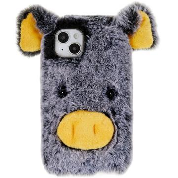 Fluffy Plush iPhone 14 Hybrid Case - Grijs Varken