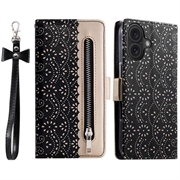 iPhone 16 Plus Lace Pattern Portemonnee Hoesje - Zwart
