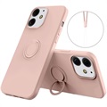 iPhone 13 Mini vloeibaar siliconen hoesje met ringhouder - roze