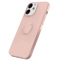 iPhone 13 vloeibaar siliconen hoesje met ringhouder - roze