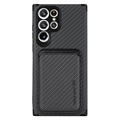 Samsung Galaxy S22 Ultra 5G Magnetisch Hoesje met Kaarthouder - Koolstofvezel - Zwart