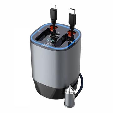 PT-17 PD 100W autolader met intrekbare Lightning/USB-C kabels, spanningsweergave en luchtverfrisser - Grijs