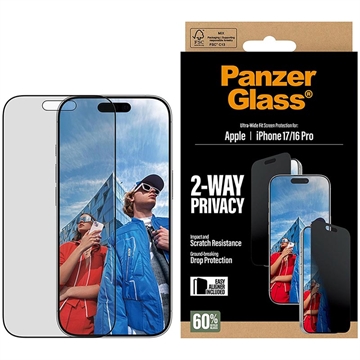 iPhone 17/16 Pro PanzerGlass Ultra-Wide Fit EasyAligner 2-Way Privacy Screen Protector - 9H - Zwarte rand