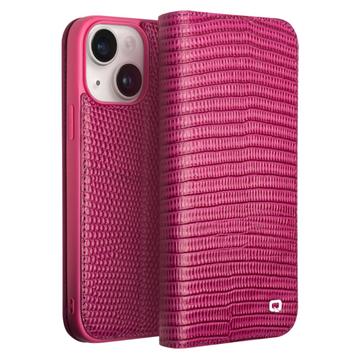 Qialino iPhone 15 Wallet Leren Hoesje - Krokodil - Hot Pink