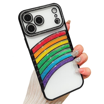 iPhone 17 Pro Regenboog Drijfzand Hybride Hoesje met Strass-cameradecor