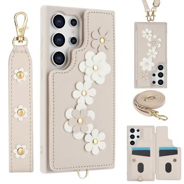 Samsung Galaxy S24 Ultra Bloemendecor hoesje met riem - Beige