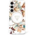 Samsung Galaxy S25 Guess Glitter Flowers Triangle Buttons MagSafe Hoesje - Wit