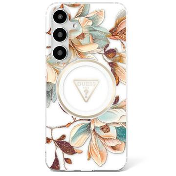 Samsung Galaxy S25 Guess Glitter Flowers Triangle Buttons MagSafe Hoesje - Wit
