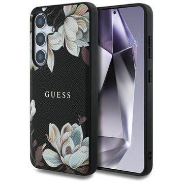 Samsung Galaxy S25 Guess Grained Printed Flower Pattern Hoesje - MagSafe compatibel - Zwart