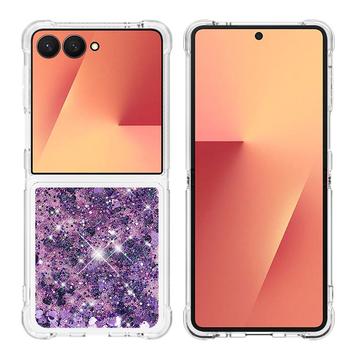 Samsung Galaxy Z Flip7 Glitter Quicksand TPU Hoesje - Paarse Harten