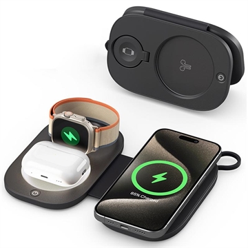 T5 3-in-1 Opvouwbare Reis Draadloze Oplader 15W - Zwart