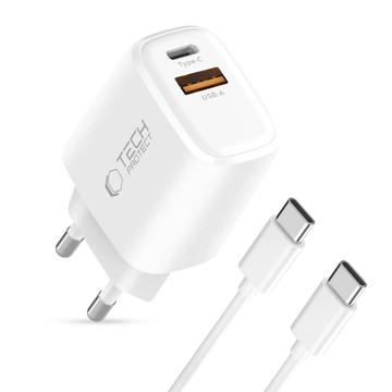 Tech-Protect NCA20 Dual-Port PD 20W/QC3.0-oplader met USB-C-kabel - Wit