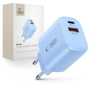 Tech-Protect NCA30 Dual-Port oplader - 30W USB-C PD en 18W USB-A QC3.0 - Baby Blauw