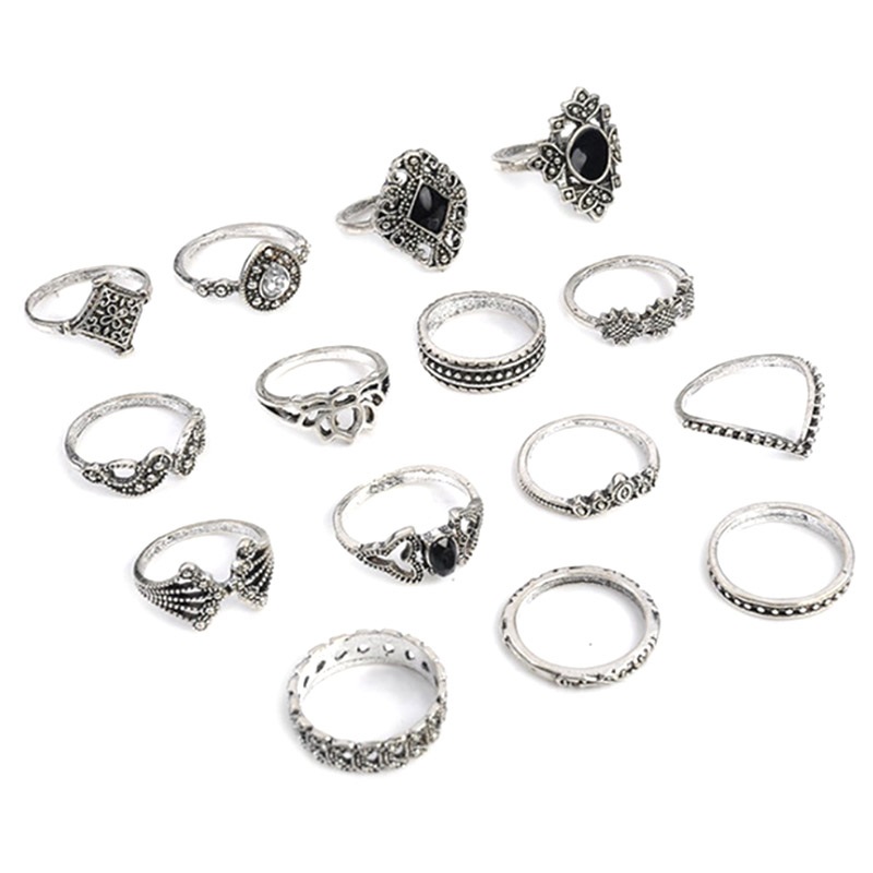 naald Reisbureau schuifelen Universele Vintage Boho Ring Set voor Dames - 15 St. - Zilver
