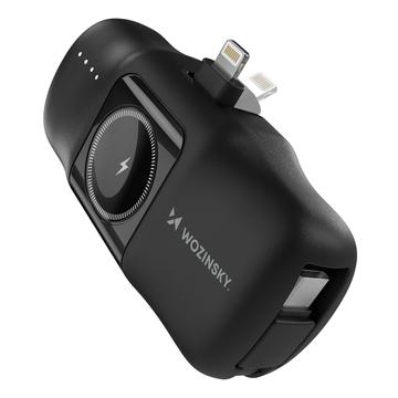 Wozinsky WF16-YLS 5000mAh Lightning Power Bank met ingebouwde USB-C-kabel & Apple Watch-oplader - 15W - Zwart