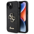 iPhone 15 Guess Fixed Glitter 4G Metal Logo Cover - Zwart