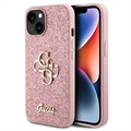 iPhone 15 Guess Fixed Glitter 4G Metal Logo Cover - Roze