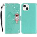 iPhone 15 Uil Strass Portemonnee Hoesje - Cyaan