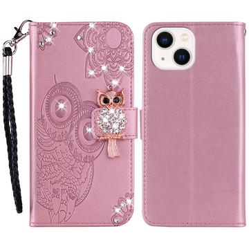 iPhone 15 Uil Strass Portemonnee Hoesje - Roségoud