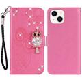 iPhone 15 Plus Uil Strass Portemonnee Hoesje - Hot Pink