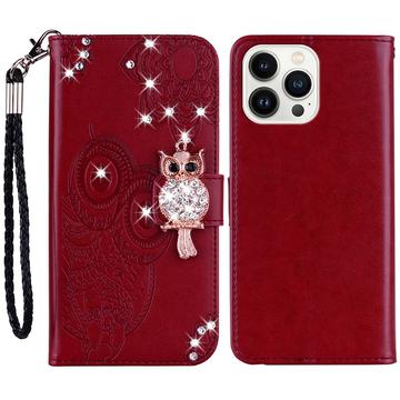 iPhone 15 Pro Max Uil Strass Portemonnee Hoesje - Rood