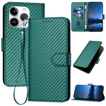 iPhone 15 Pro Max Premium Portemonnee Hoesje met Riem - Koolstofvezel Textuur - Koolstofgroen