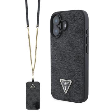 iPhone 16 Guess 4G Strass Triangle Metal Logo Hoesje met Crossbody-band - Zwart