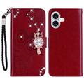 iPhone 16 Uil Strass Portemonnee Hoesje - Rood