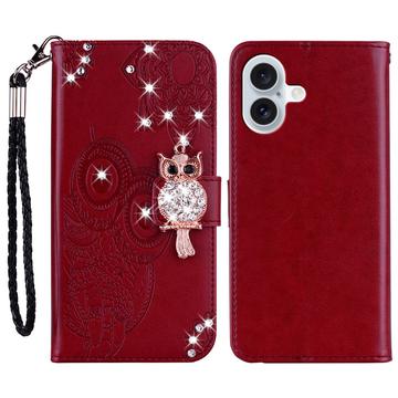 iPhone 16 Uil Strass Portemonnee Hoesje - Rood
