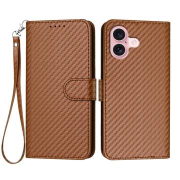 iPhone 16 Premium Portemonnee Hoesje met Riem - Koolstofvezel Textuur - Koolstofkoffie