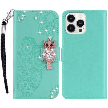 iPhone 16 Pro Max Uil Strass Portemonnee Hoesje - Cyaan