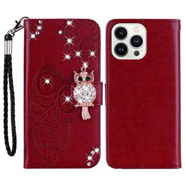 iPhone 16 Pro Uil Strass Portemonnee Hoesje - Rood
