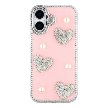 iPhone 16 Sprankelende Liefde en Parel Hybride Hoesje - Roze