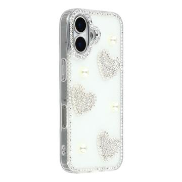 iPhone 16 Sprankelende Liefde en Parel Hybride Hoesje - Wit