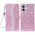 iPhone 16 Stijlvol Glitter Portemonnee Hoesje - Roze