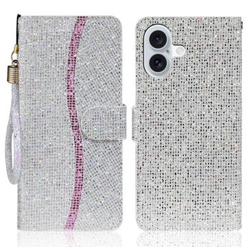 iPhone 16 Stijlvol Glitter Portemonnee Hoesje - Zilver