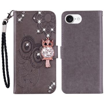 iPhone 16e Uil Strass Portemonnee Hoesje - Grijs