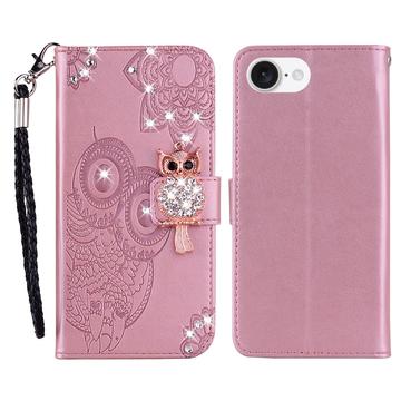 iPhone 16e Uil Strass Portemonnee Hoesje - Roségoud